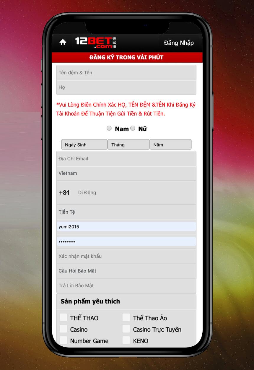 Giao diện đăng ký tài khoản 12Bet